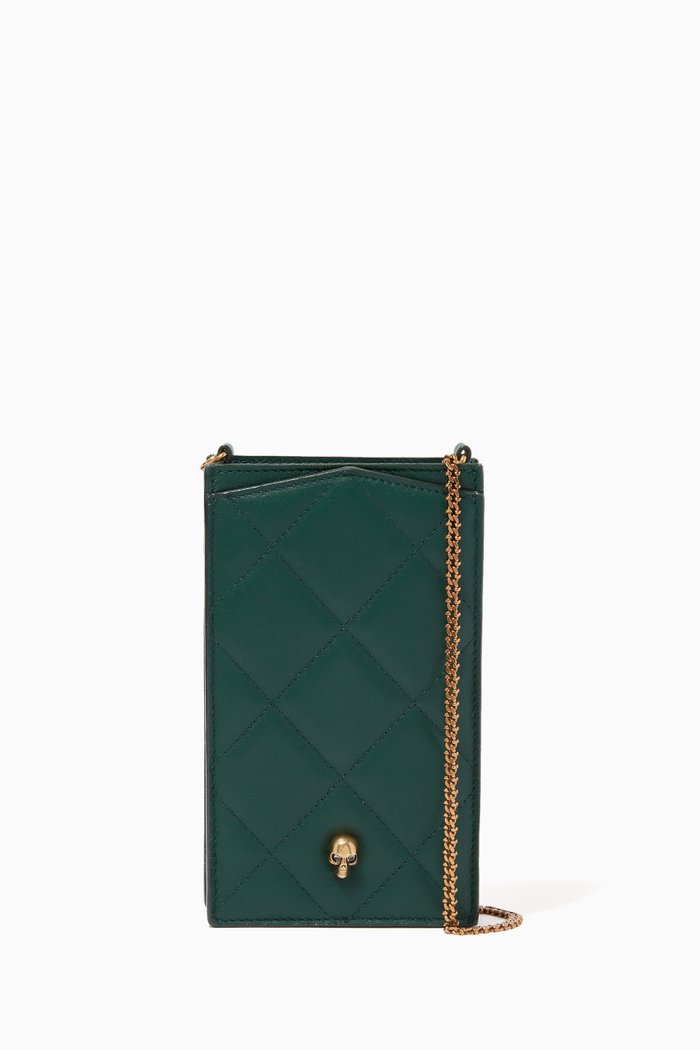 Skull Phone Case on Chain in Leather, Green