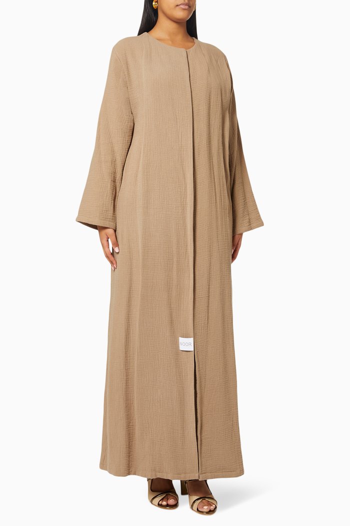 

Abaya & Dress Set in Crinkled Cotton, Brown