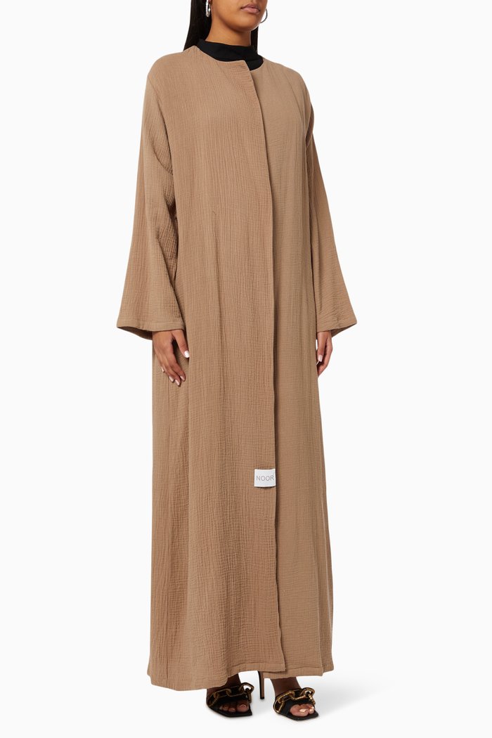 

Long Sleeve Abaya in Crinkled Cotton, Brown