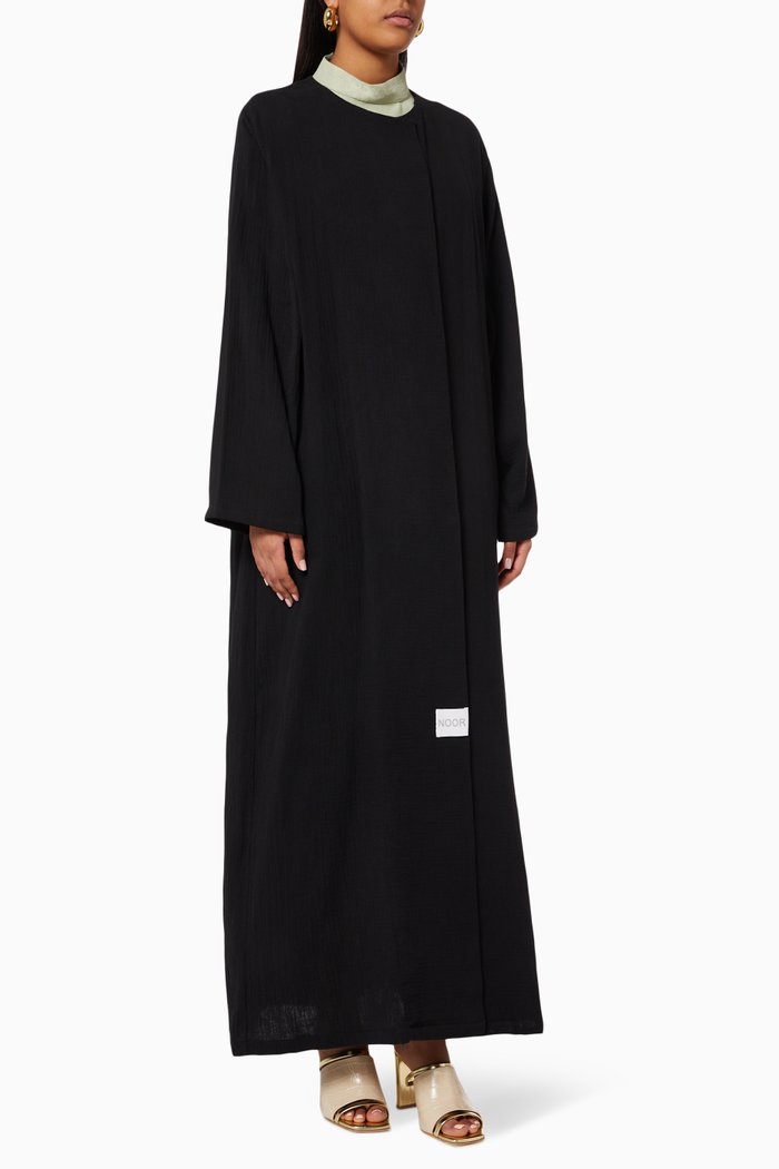 

Long Sleeve Abaya in Crinkled Cotton, Black