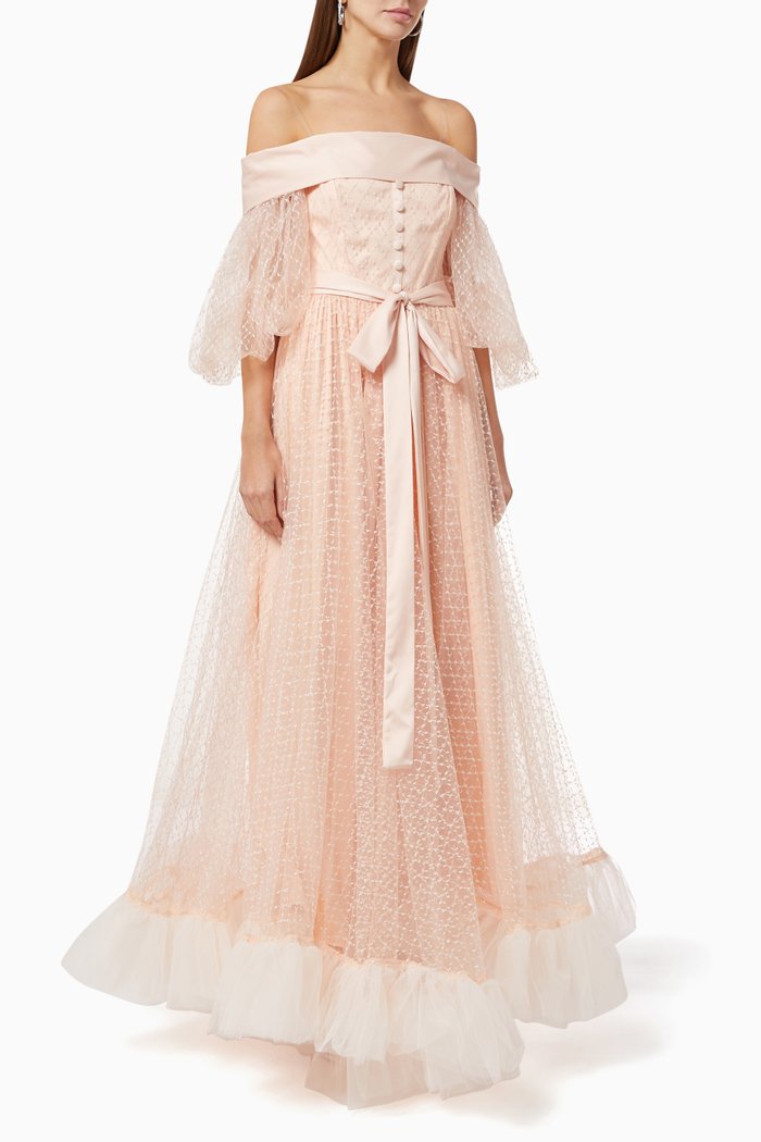 Off Shoulder Dress in Embroidered Mesh, Pink