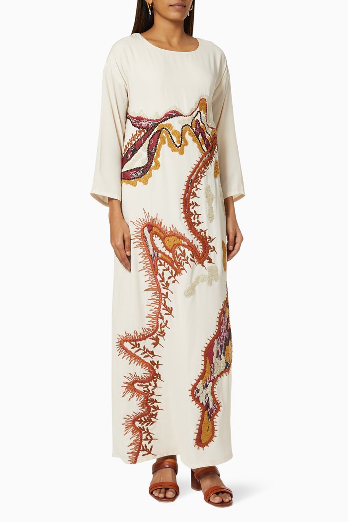 

Signature Embroidered Kaftan in Crepe, Neutral