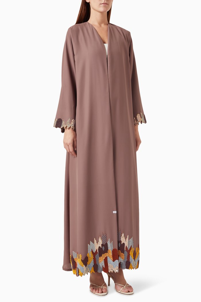 

Wavy Embroidered Abaya Set in Cotton, Grey