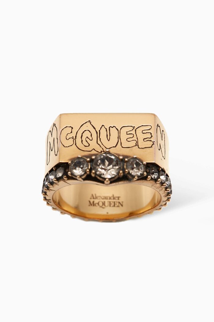McQueen Graffiti Pave Ring in Brass, Brown