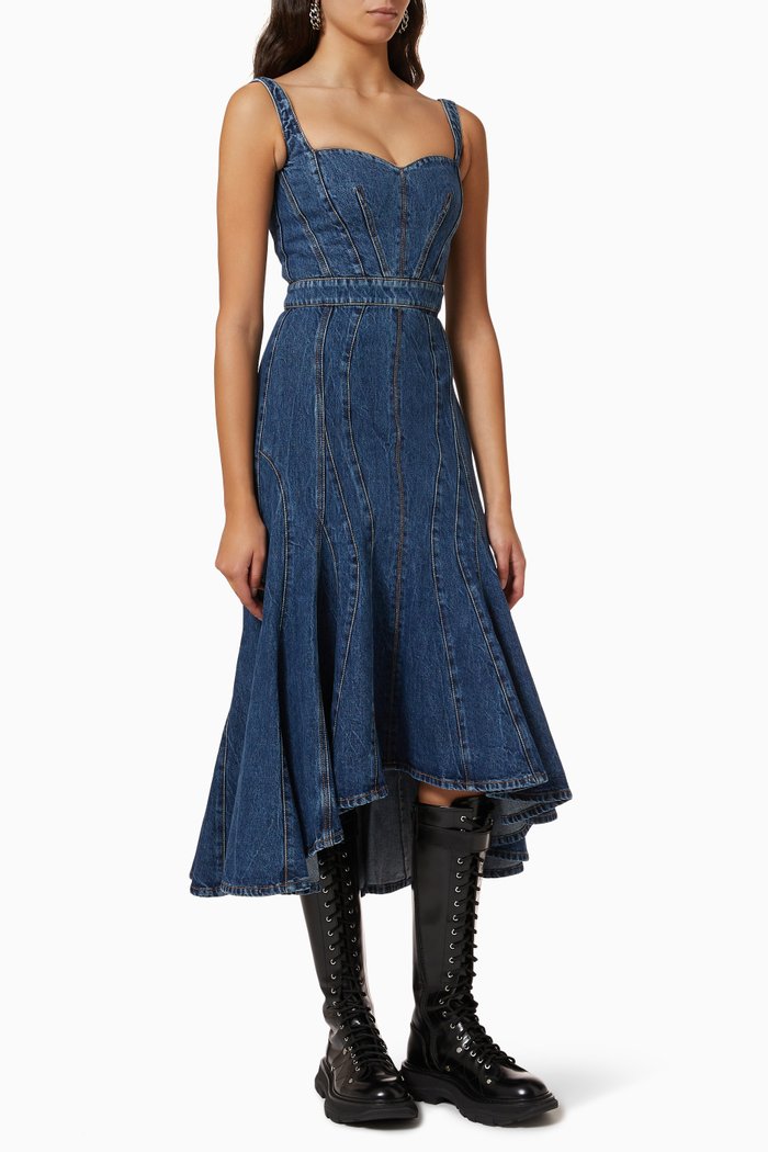 

Fluted Denim Midi Dress in Cotton, Blue