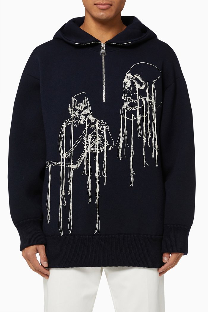 

Embroidered Skull & Fringe Hoodie in Cotton Jersey, Blue