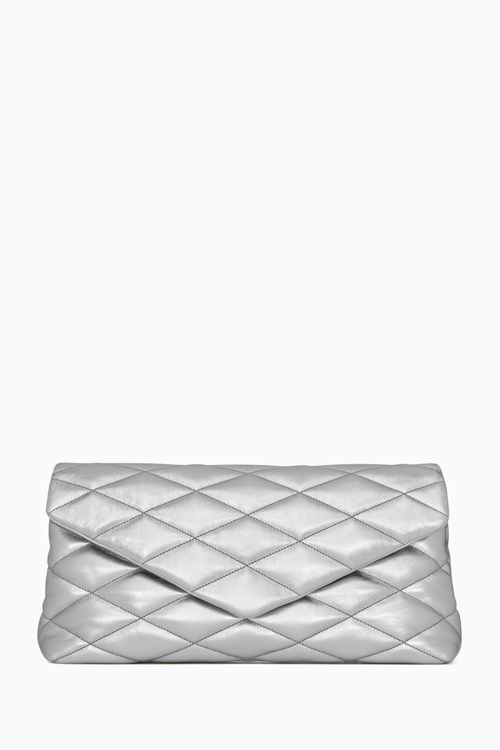

Sade Puffer Envelope Clutch in Lamé Leather, Silver