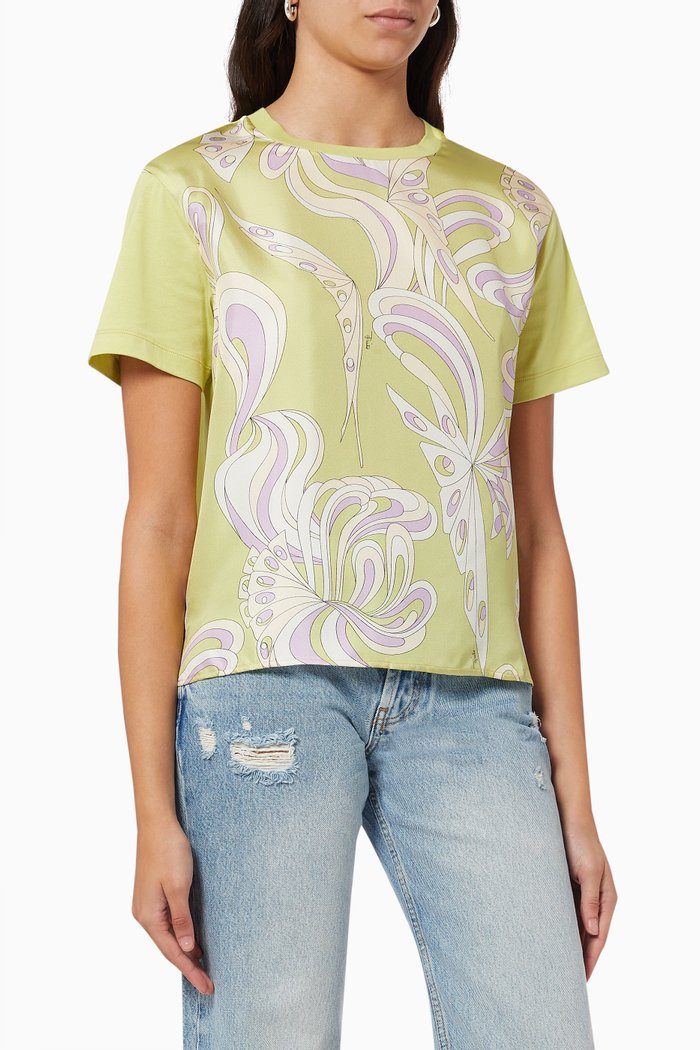 

Farfalle Print T-shirt in Silk & Cotton, Green