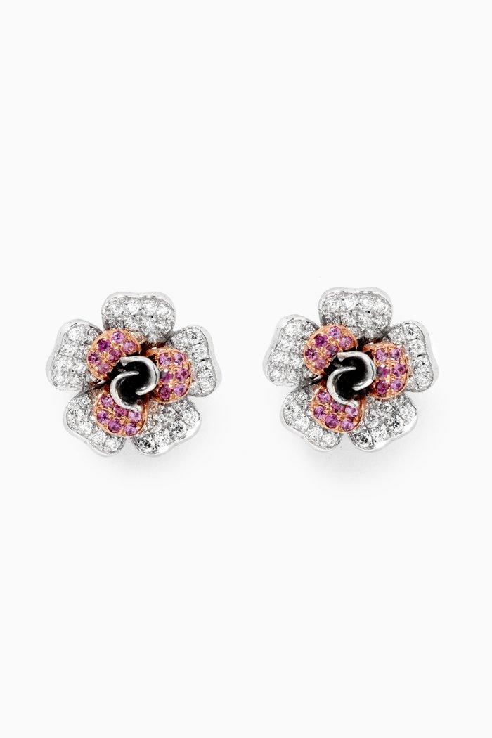 

Rosebud Pavé Diamond & Pink Sapphire Stud Earrings in 14kt White Gold, Silver