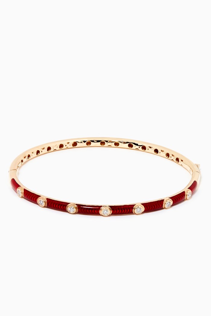 Enamel Diamond Crusted Bangle in 14kt Yellow Gold, Red