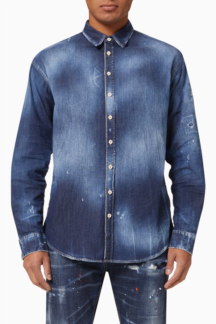 

Distressed Denim Shirt in Stretch Cotton, Blue