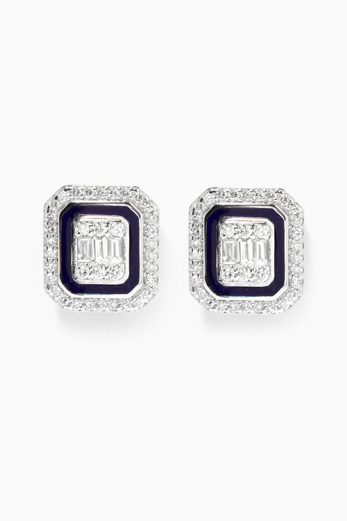 

Mystery Set Enamel Framed Stud Diamond Earrings in 14kt White Gold, Blue