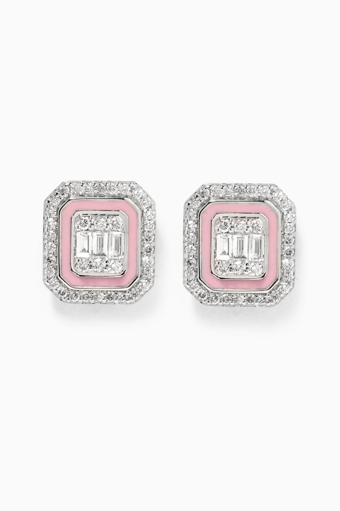 

Mystery Set Enamel Framed Stud Diamond Earrings in 14kt White Gold, Pink