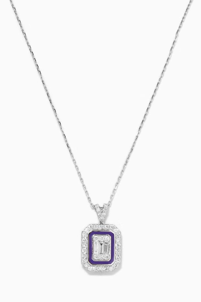 

Mystery Set Enamel Framed Stud Diamond Pendant in 14kt White Gold, Blue