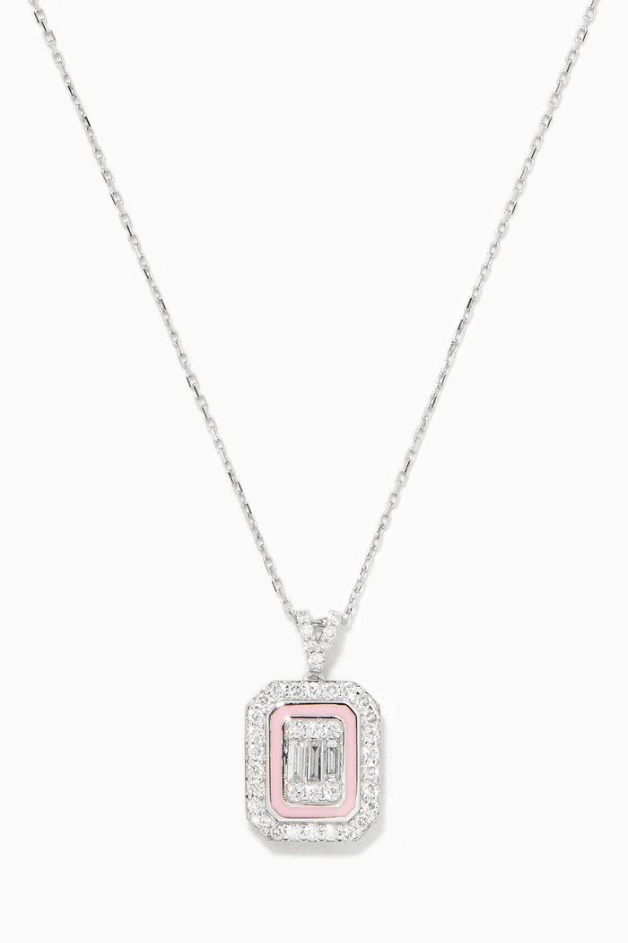 

Mystery Set Enamel Framed Stud Diamond Pendant in 14kt White Gold, Pink