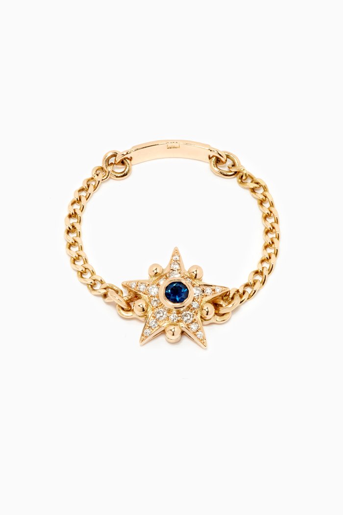 

Star Chain Ring with Sapphire & Diamonds in 18kt Gold, Yellow
