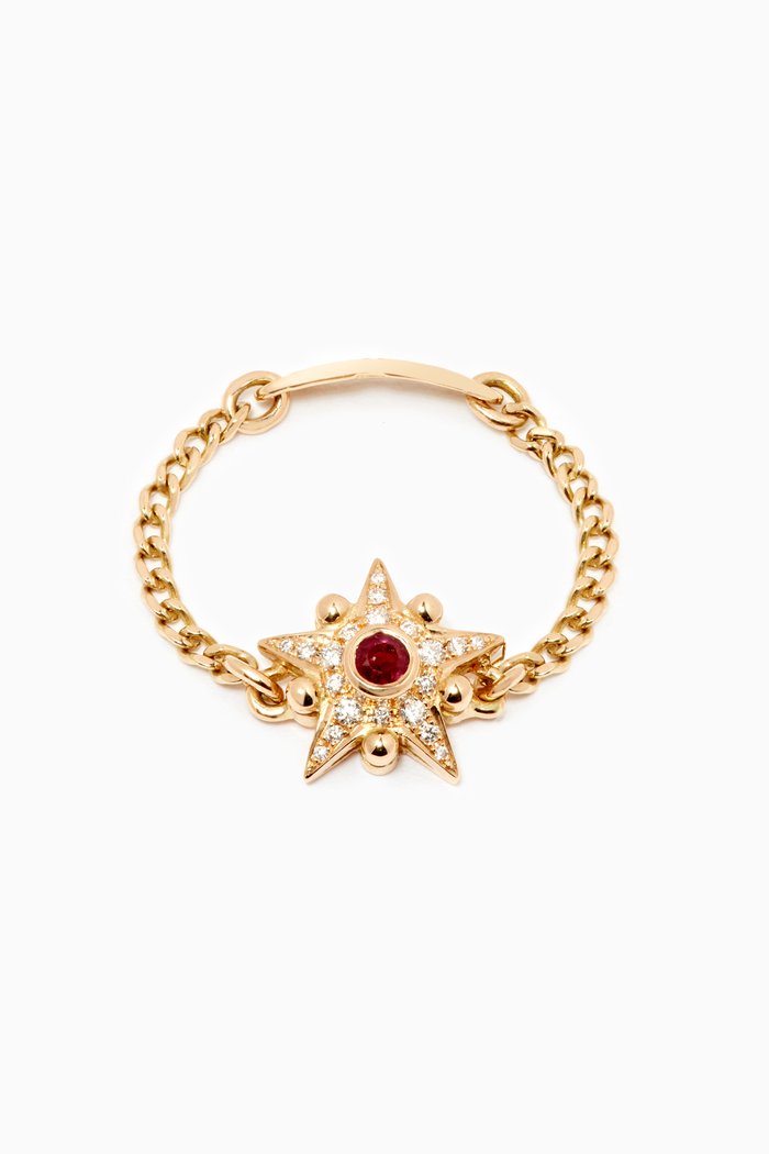 

Star Chain Ring with Ruby & Diamonds in 18kt Gold, Yellow