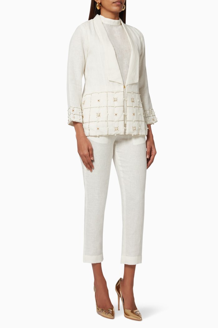 

Celine Embroidered Jacket Pant Suit Set in Linen, White