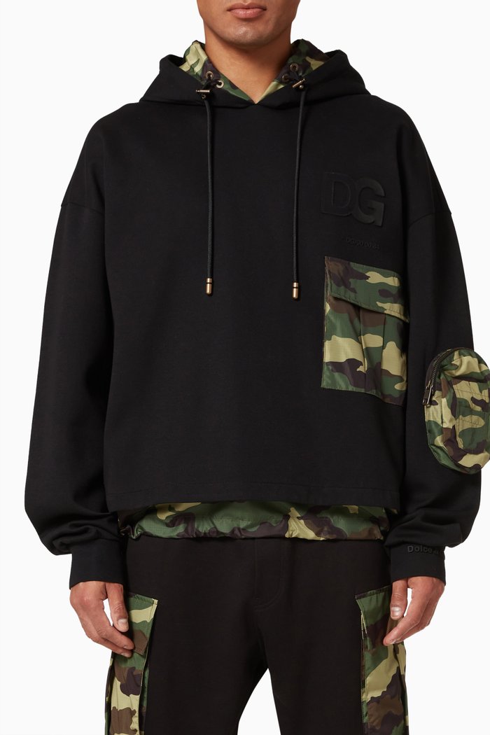 

Camouflage Hoodie in Cotton Blend, Black