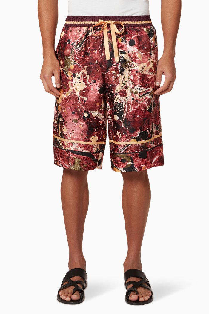 

Marble Print Jogging Shorts in Silk, Red