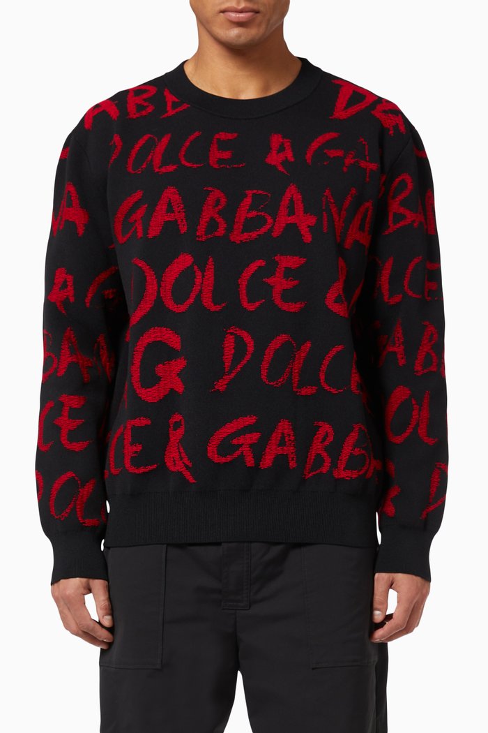 

Round Neck Sweater in Printed Jacquard, Black