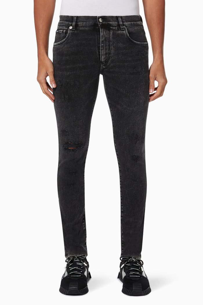 

Metal Plate Distressed Skinny Jeans in Stretch Cotton, Grey