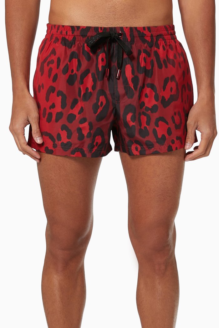 

Leopard Print Swim Shorts in Nylon, Red