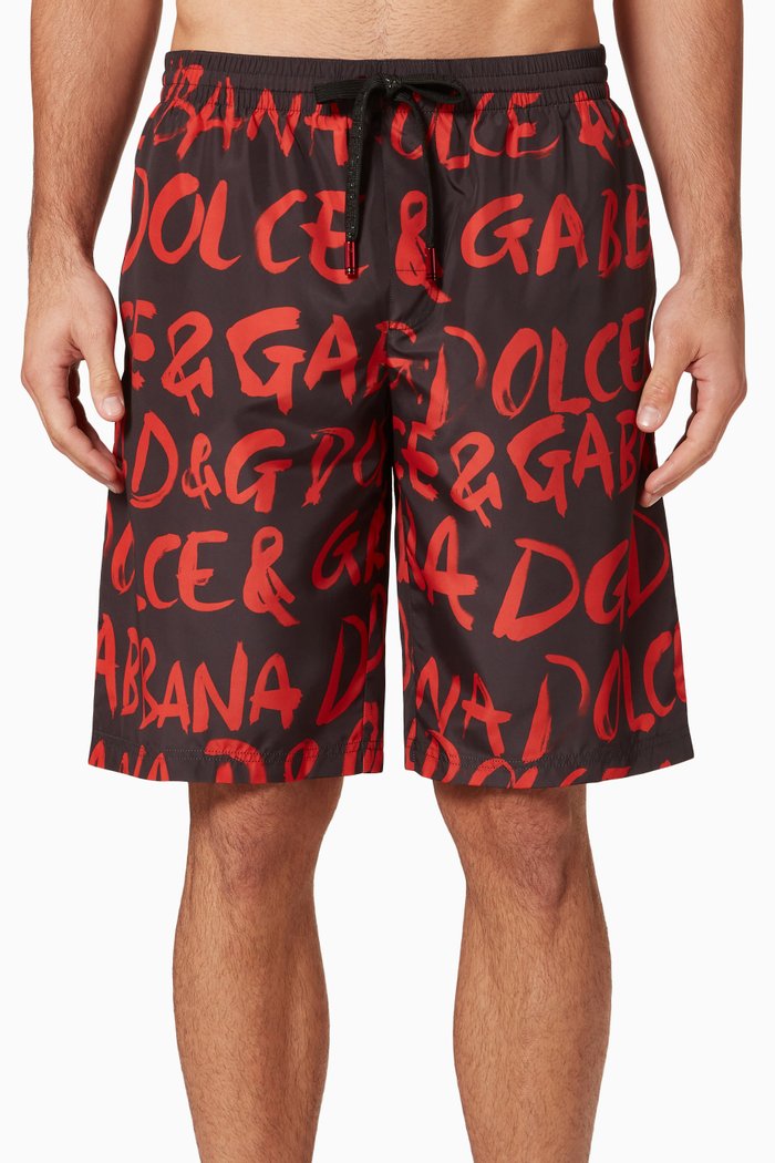 

Long Swim Trunks with Logo Print, Red