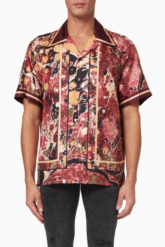 

Magnificent Hawaiian Shirt in Marbled-print Silk, Red