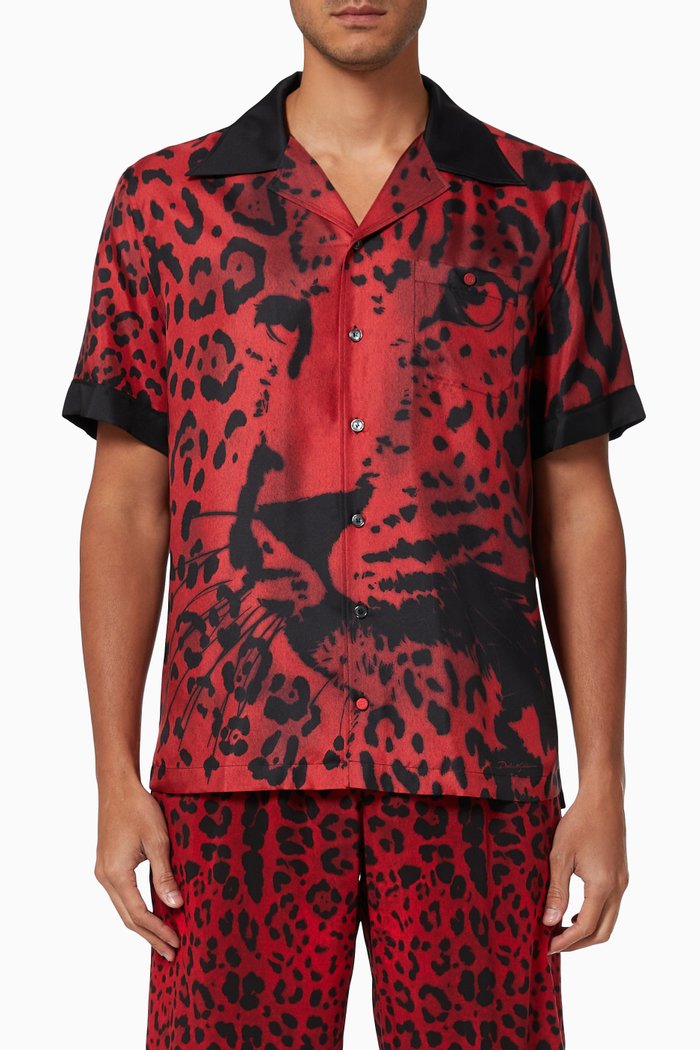 

Leopard Print Hawaiian Shirt in Silk, Red