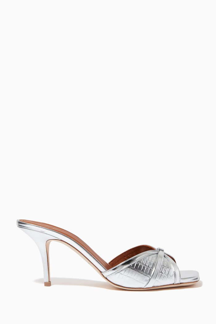 

Perla 70 Mules in Metallic Croc-embossed Leather, Silver