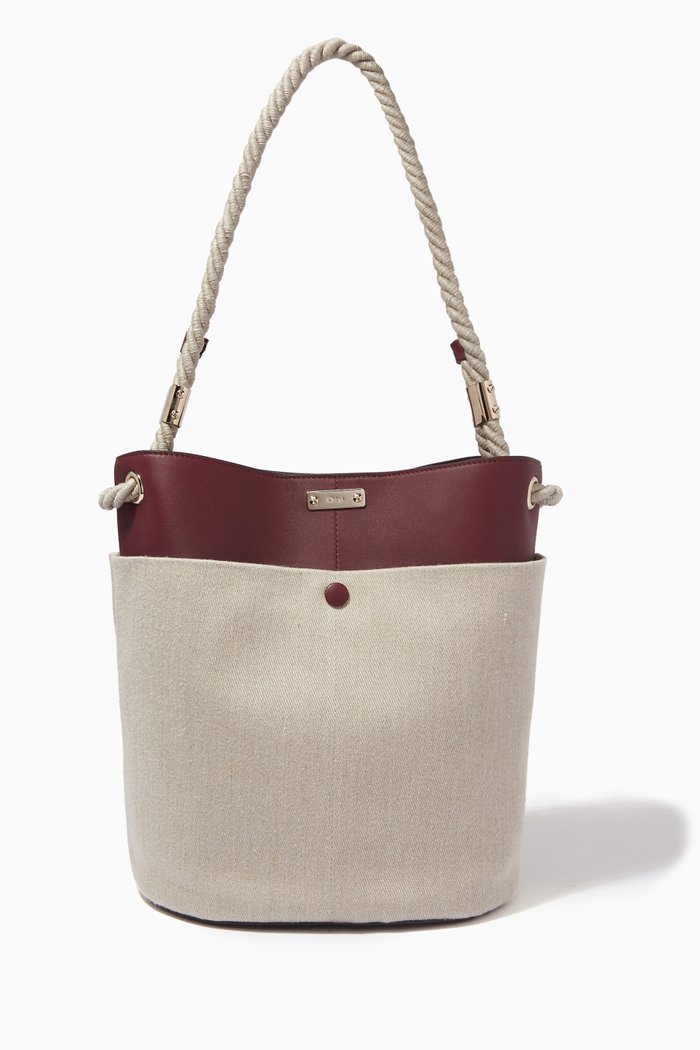 

Medium Key Bucket Bag in Linen & Calfskin, Burgundy