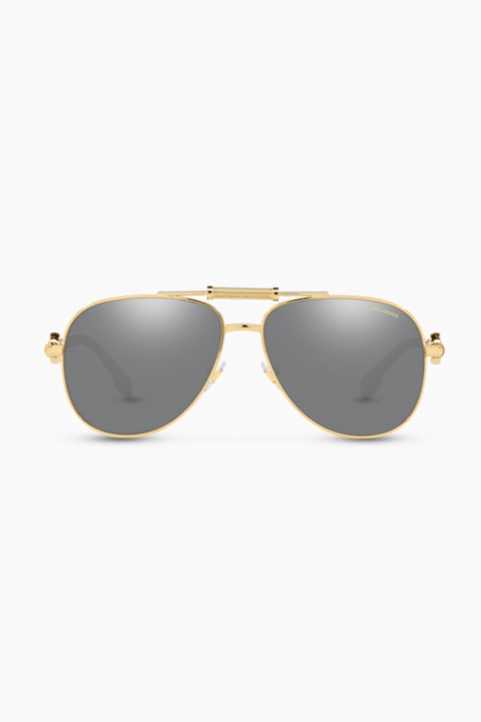

Aviator Mirror Sunglasses with Medusa Medallion, Gold