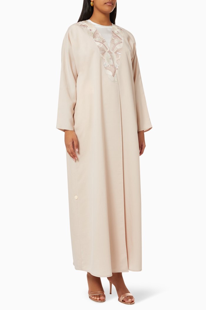 

Sequinned Collar Abaya in Cotton, Neutral