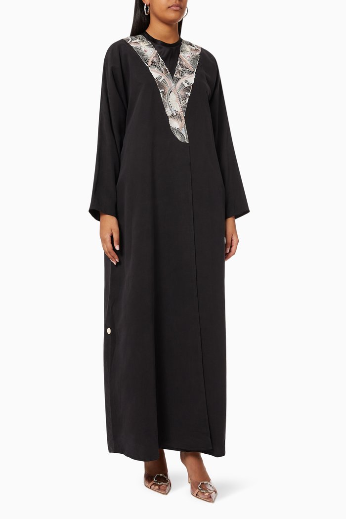 

Sequinned Collar Abaya in Cotton, Black
