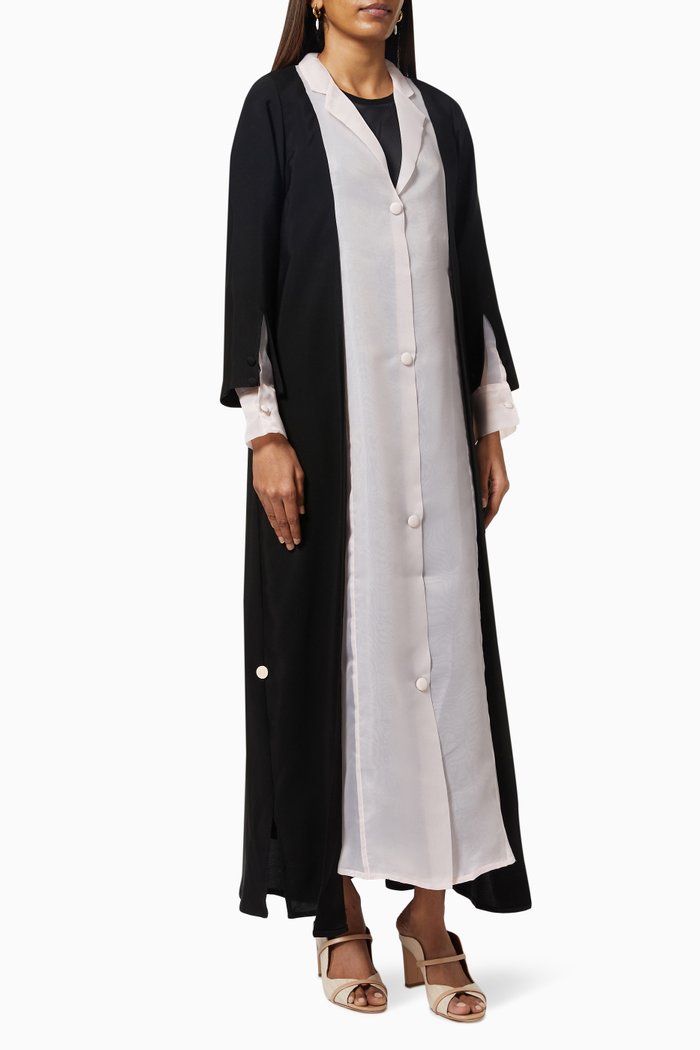 

Collared Abaya in Crepe & Organza, Black