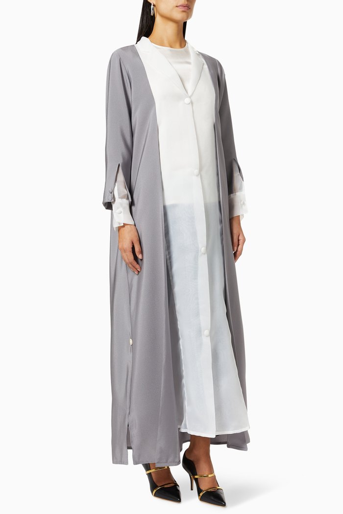 

Collared Abaya in Crepe & Organza, Grey