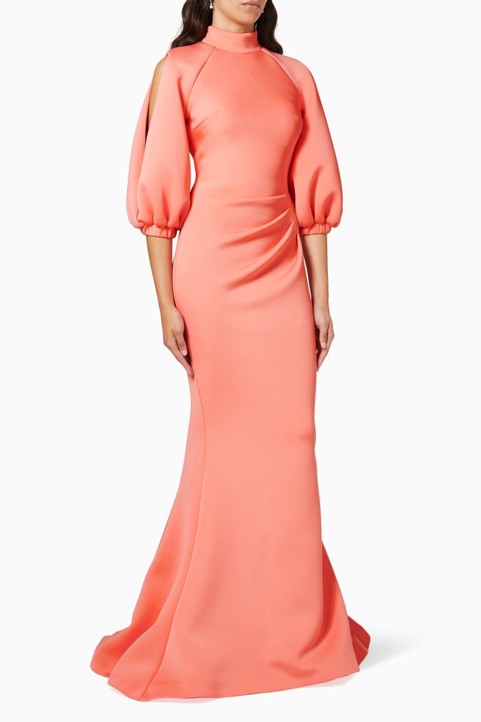 

Balloon Sleeve Gown in Scuba Knit, Orange