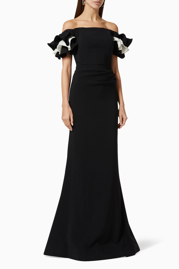 

Ruffle Off Shoulder Gown in Crepe, Black