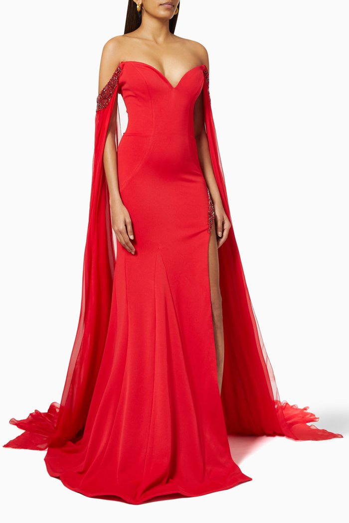 

Crystal Embellished Cape Gown in Crepe, Red