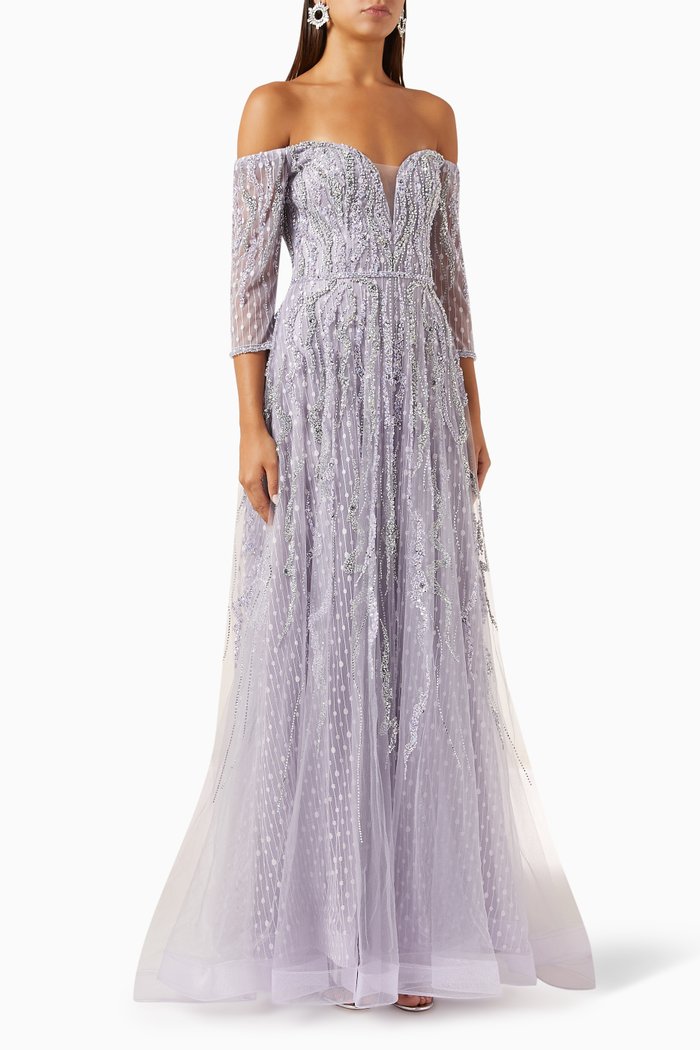 

Sequin-embellished Off-shoulder Dress in Tulle, Purple