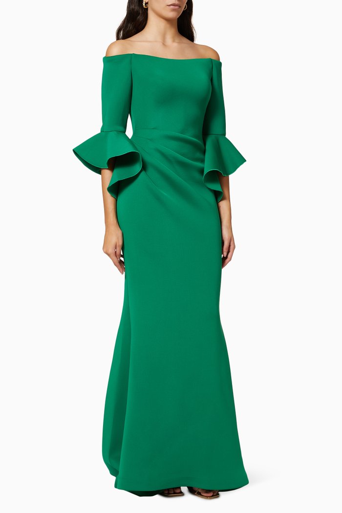 

Scuba Off Shoulder Gown with Bell Sleeves, Green