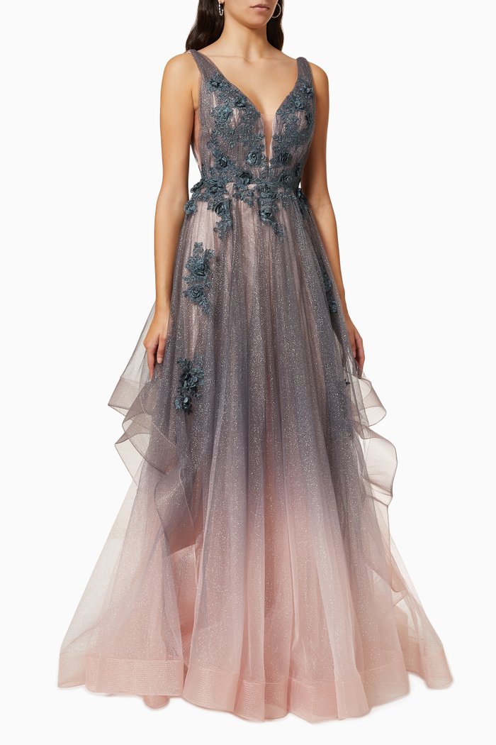 

Floral Appliques Gown in Ombré Tulle, Pink