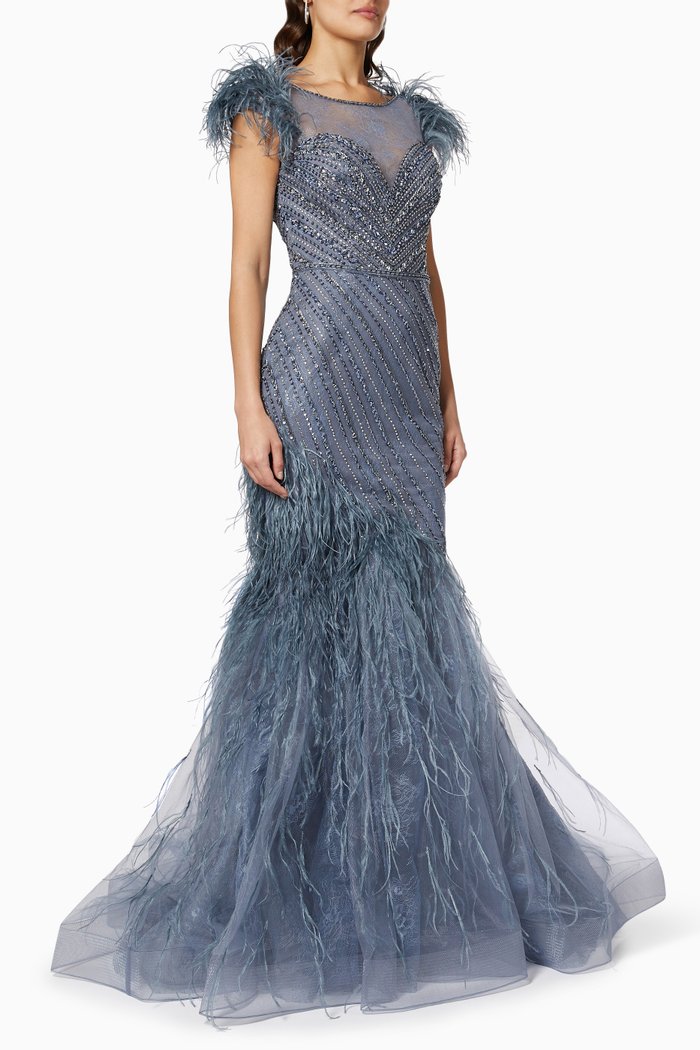 

Feather Embellished Gown in Tulle, Silver