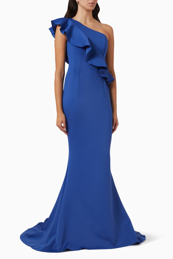 

One-shoulder Ruffle Gown, Blue