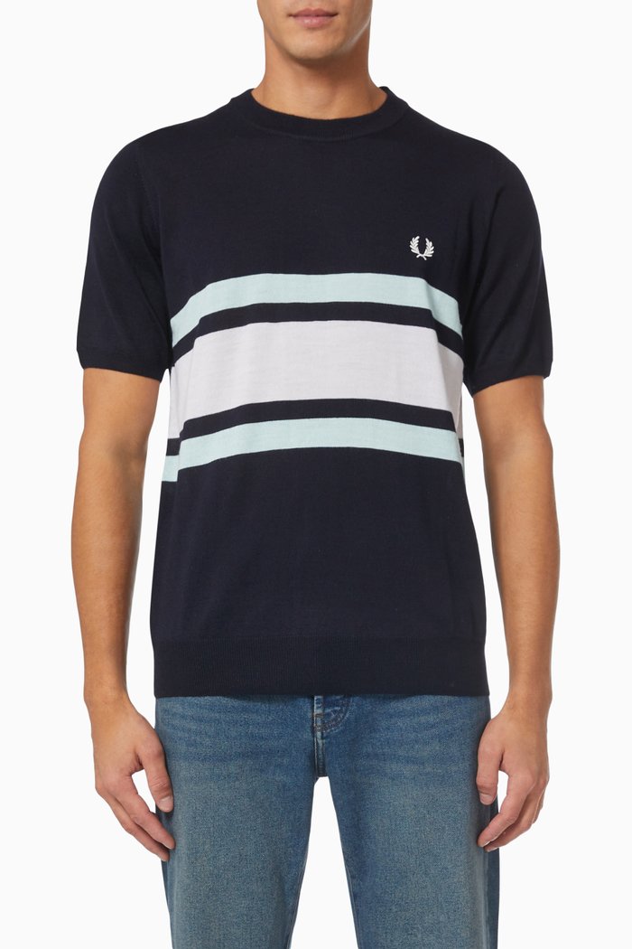 

Contrast Panel Knitted T-shirt in Merino Wool Blend, Blue