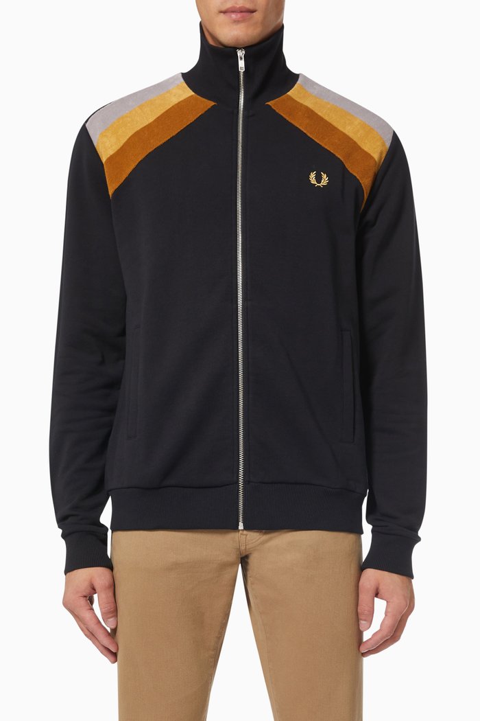 

Towelling Striped Track Jacket in Cotton Fleece, Black