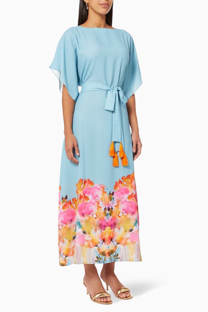 Kaftan Style Dress in Crepe, Blue