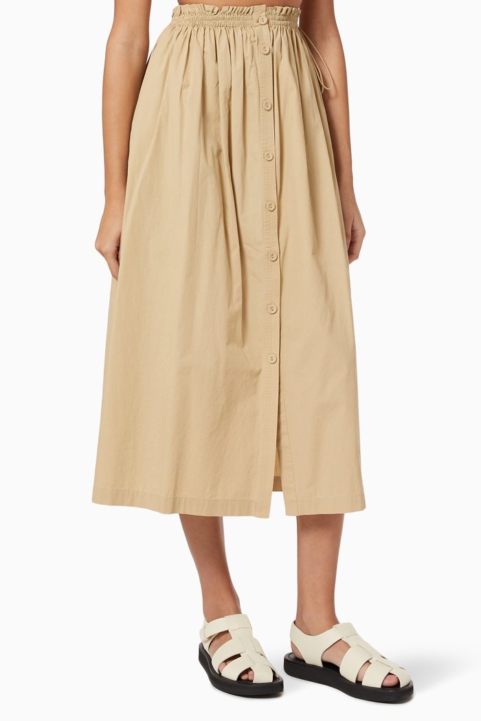 

Button Through Midi Skirt in Cotton, Brown