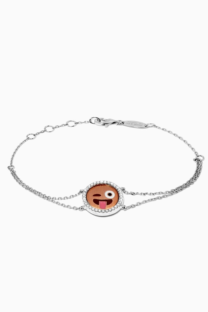 Emoji Tongue Out Face Bracelet with Diamonds in 18kt White Gold